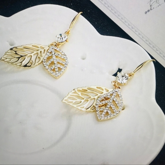 Gold-plated crystal double Leaf Drop earrings with silver post BOGO - Picture 7 of 14